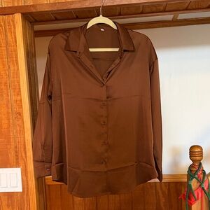 NWOT Satin-Like Button-Front Blouse - Brown